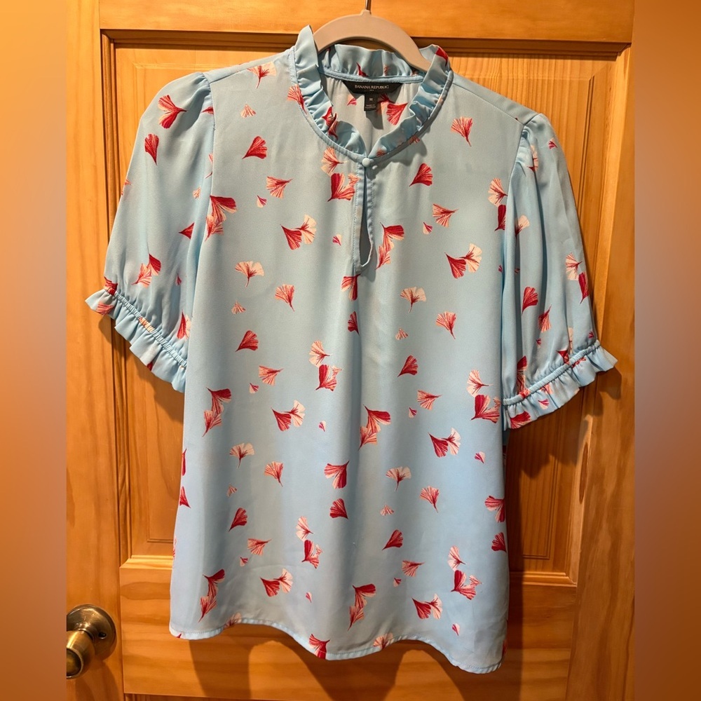 Light Blue Floral Ruffle Neck Women’s Blouse